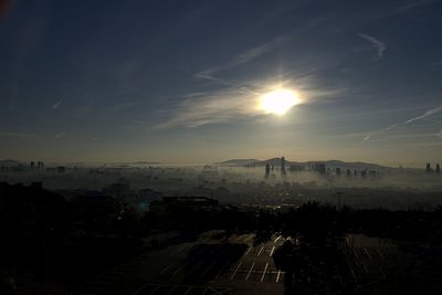 Aerial view of city against sky during sunset