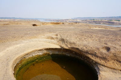 High angle view of land against clear sky