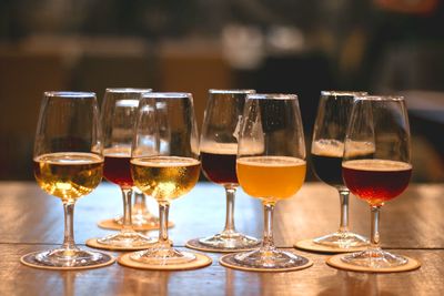 Close-up of beer glass on table