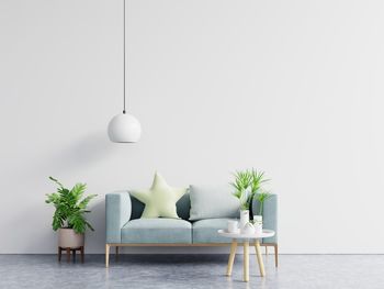 Potted plant on table by sofa against wall at home