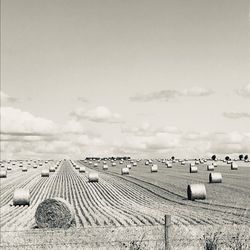 Hay bales on field against sky