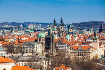 Prague city old town seen from petrin hill in a beautiful early spring day