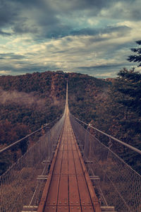 Footbridge midst trees against sky