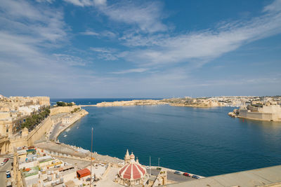 Grand harbour of malta with the ancient walls of valletta on a sunny day.