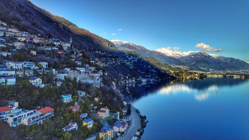 Scenic view of lake and mountains against clear blue sky