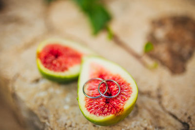 High angle view of strawberry on table