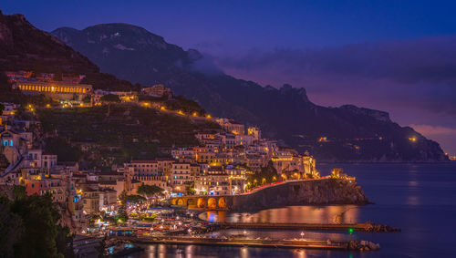 Illuminated buildings in city at night