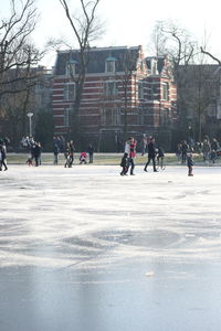 People in town square during winter