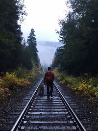 Man with dog walking on railroad tracks amidst trees against sky