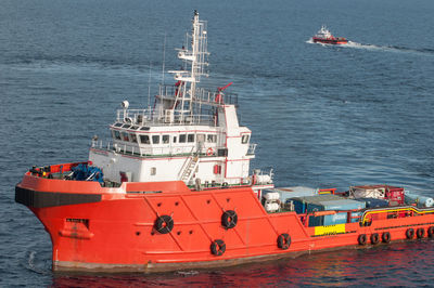 High angle view of ship in sea