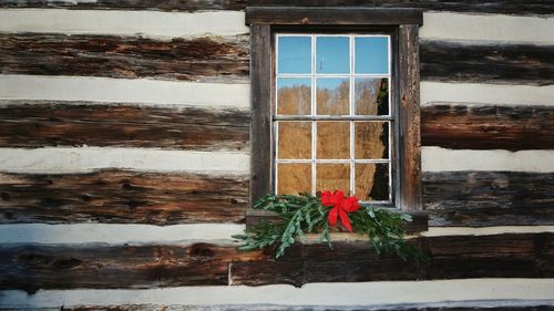 Trees reflecting on window of log cabin at forest