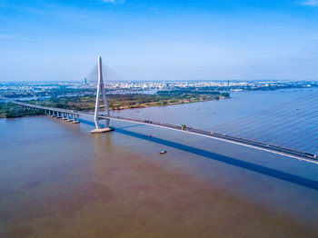 View of suspension bridge in city