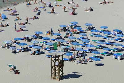 High angle view of people on beach during sunny day