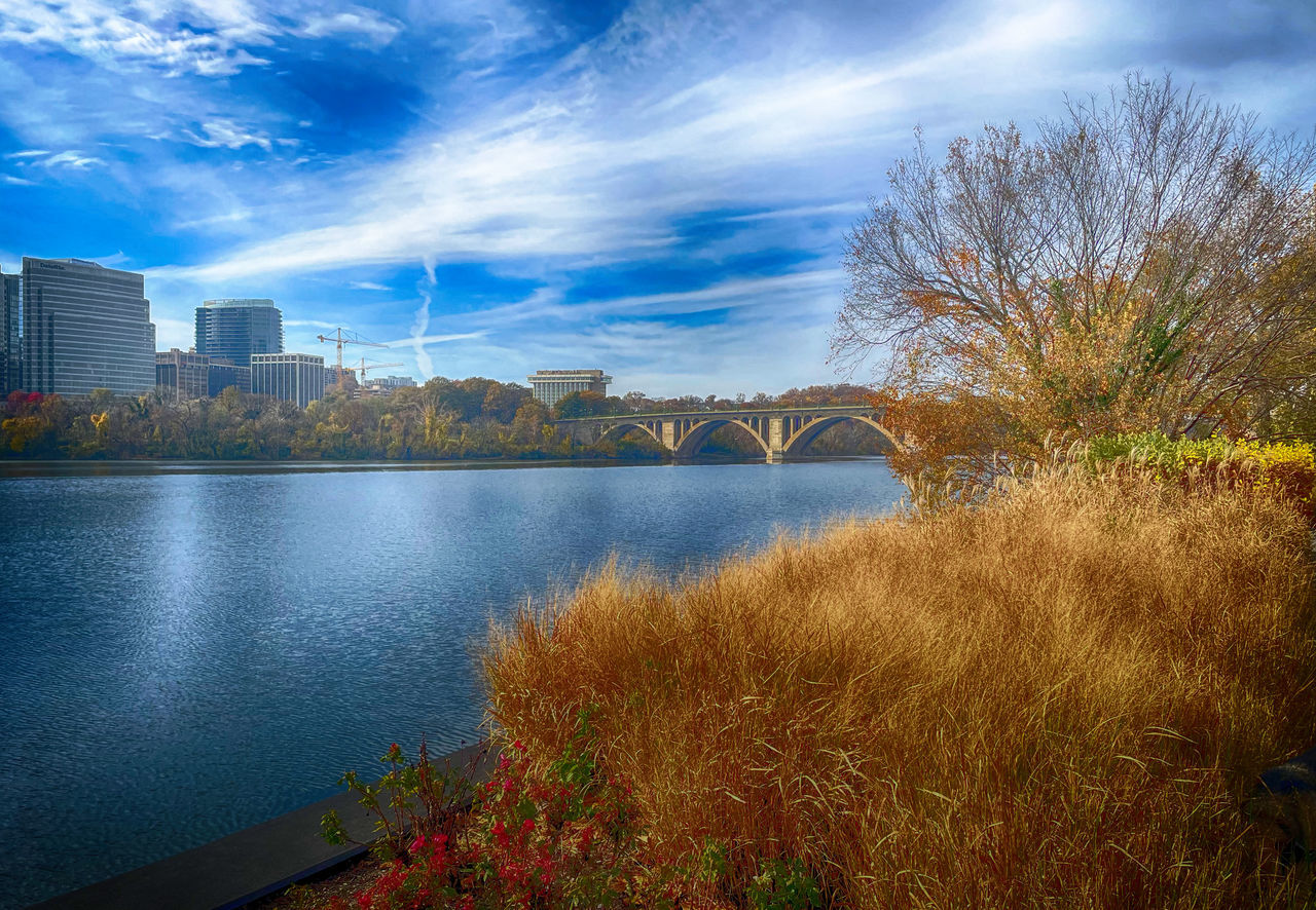 reflection, architecture, water, sky, morning, built structure, city, building exterior, nature, plant, landscape, cloud, building, horizon, dusk, autumn, travel destinations, no people, river, tree, urban skyline, cityscape, blue, sunlight, scenics - nature, grass, office building exterior, skyscraper, environment, outdoors, travel, beauty in nature, flower, bridge, reservoir, tourism, tranquility