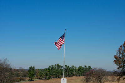 The american flag flying on a clear blue sky at valley forge national historical park