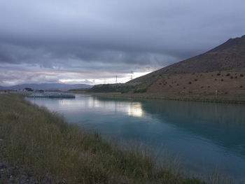 Scenic view of lake against cloudy sky