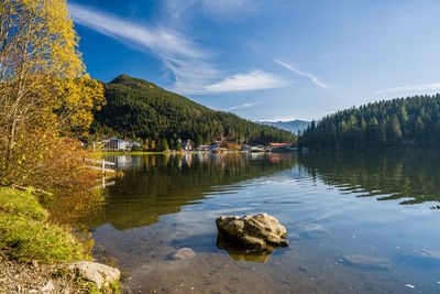 Scenic view of lake by trees against sky