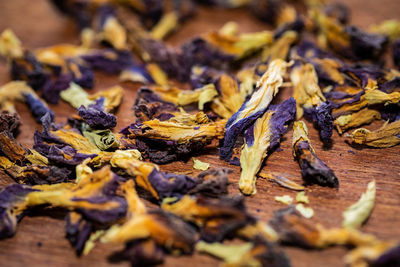 Close-up of dried leaves on wood