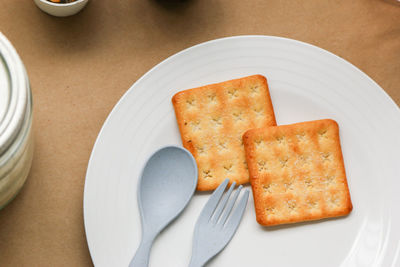 High angle view of breakfast in plate on table