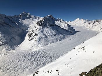 Scenic view of snowcapped mountains against clear sky