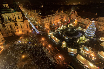 High angle view of city street at night