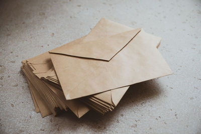 High angle view of papers on table