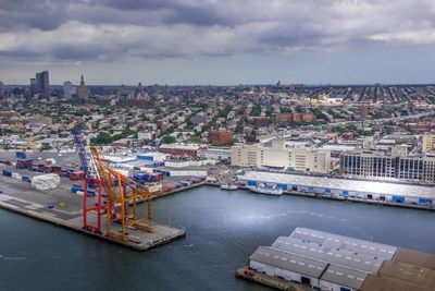 High angle view of city at waterfront