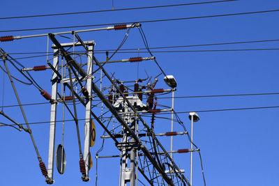 High section of cables against clear blue sky