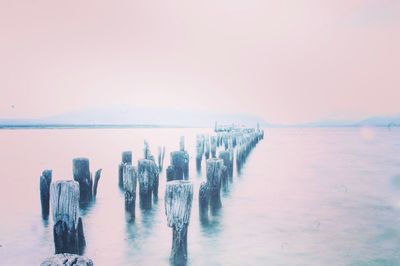Panoramic view of wooden posts in sea against clear sky