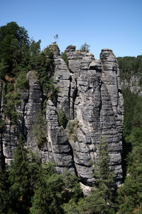 Low angle view of rocks against clear sky