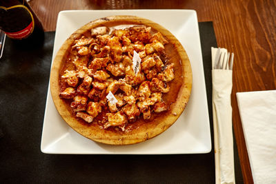 High angle view of pizza on table