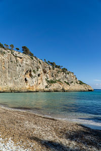 Scenic view of sea against clear blue sky