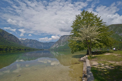 Scenic view of lake against cloudy sky