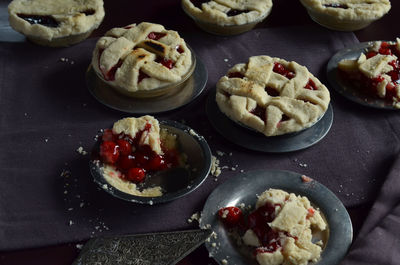 High angle view of multiple cherry pies