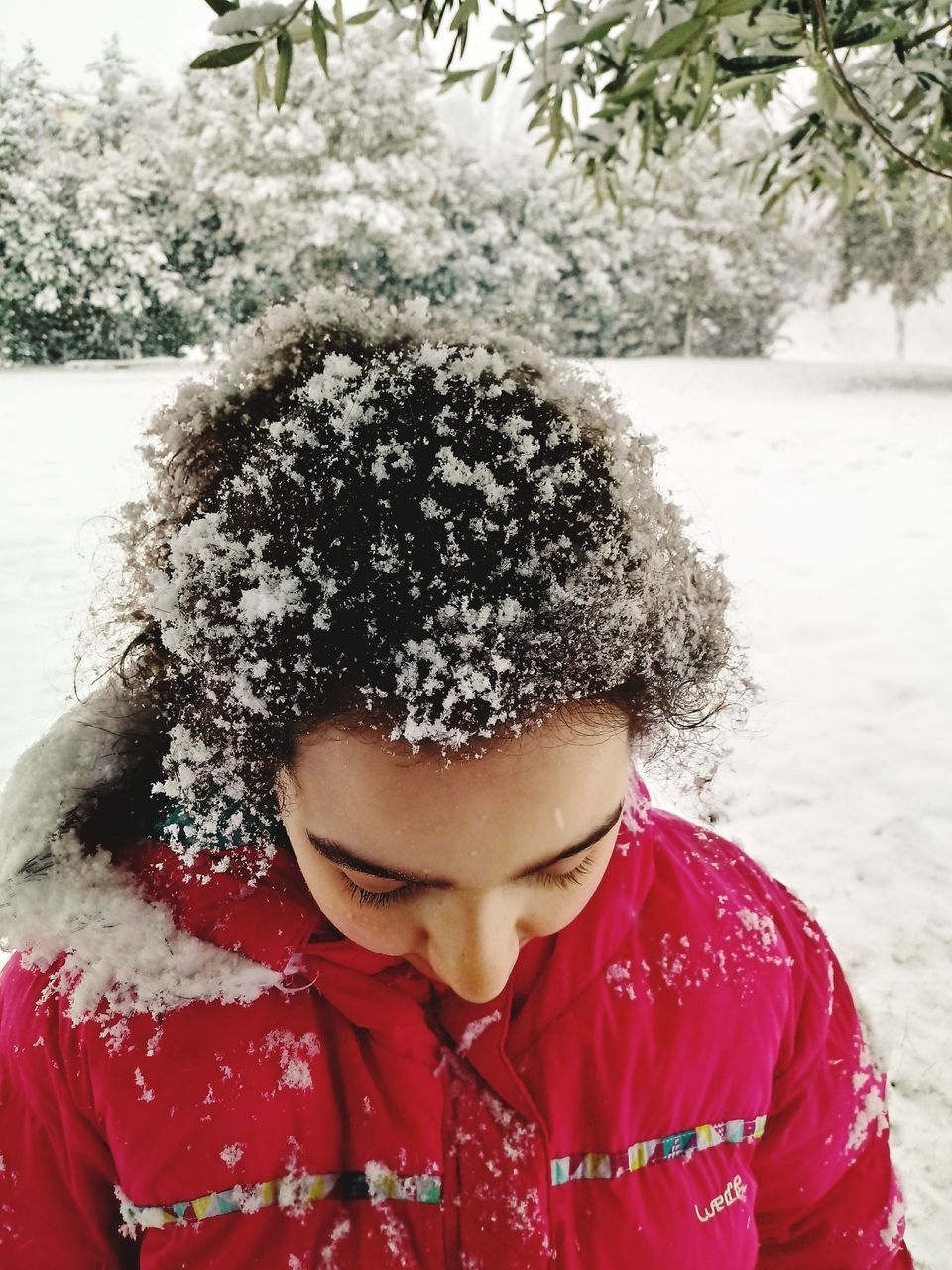 CLOSE-UP OF A GIRL WITH SNOW