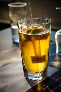 Close-up of beer in glass on table