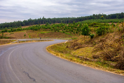 Empty road by trees against sky