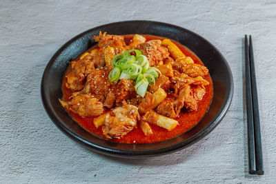 High angle view of food in bowl on table