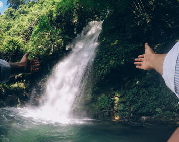 Scenic view of waterfall against trees