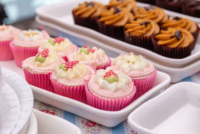 High angle view of cupcakes on table