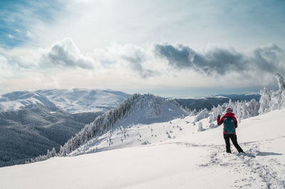 Rear view of person on snowcapped mountains against sky