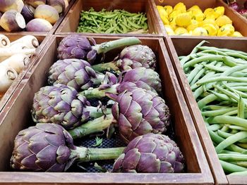 High angle view of vegetables for sale in market