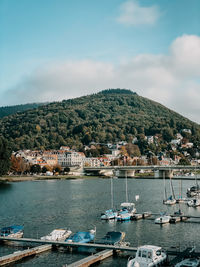 Scenic view of sea by townscape against sky