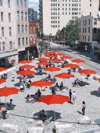 High angle view of people on city street