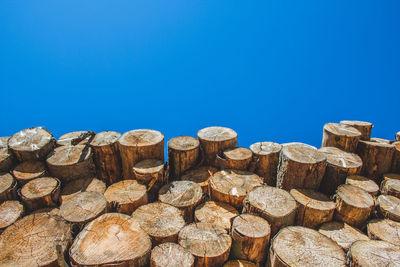 Stack of logs in forest against clear blue sky