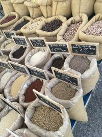 High angle view of spices for sale in market