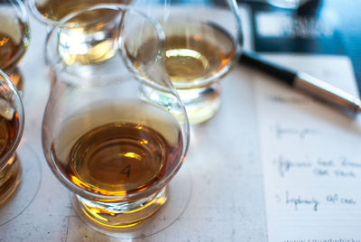 High angle view of whiskey in glasses on table in bar