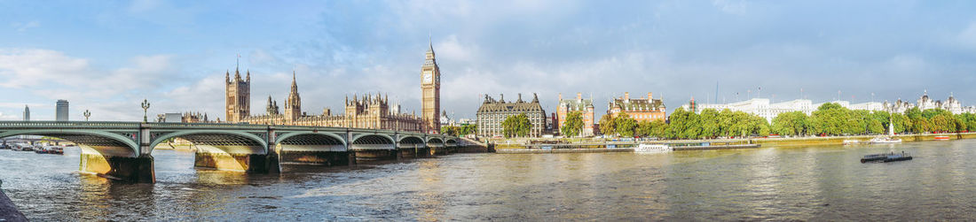 Panoramic view of bridge over river against sky in city