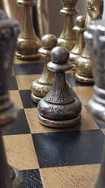 High angle view of chess pieces