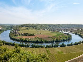 High angle view of agricultural field against sky